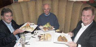 Mayor Ed Selich, Bungalow co-owner Jim Walker, Newport Beach & Co. President and CEO Gary Sherwin, discussing Restaurant Week