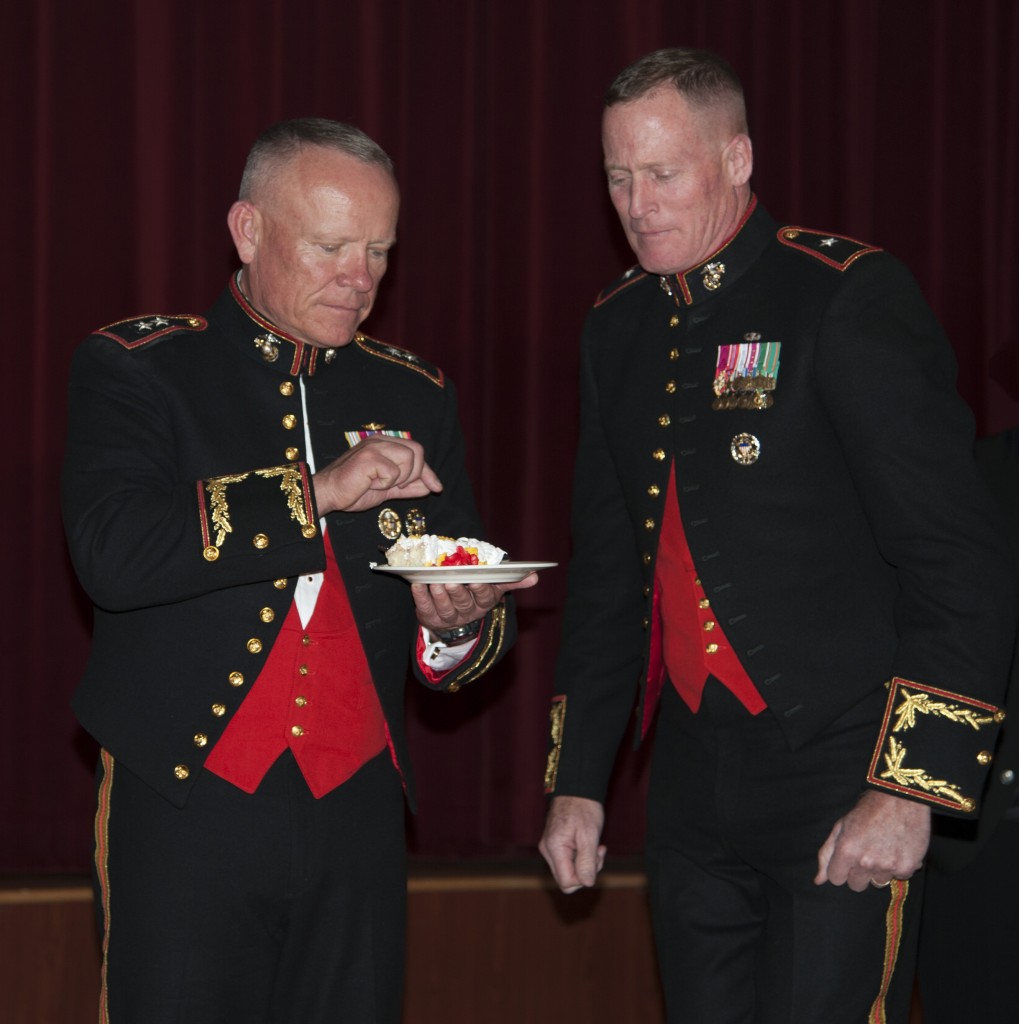 Major General Lawrence Nicholson, Commanding General 1st Marine Division (left) , and Brigadier General Edward Banta, Commanding General, Camp Pendleton (right). — Photo by Lawrence Sherwin ©