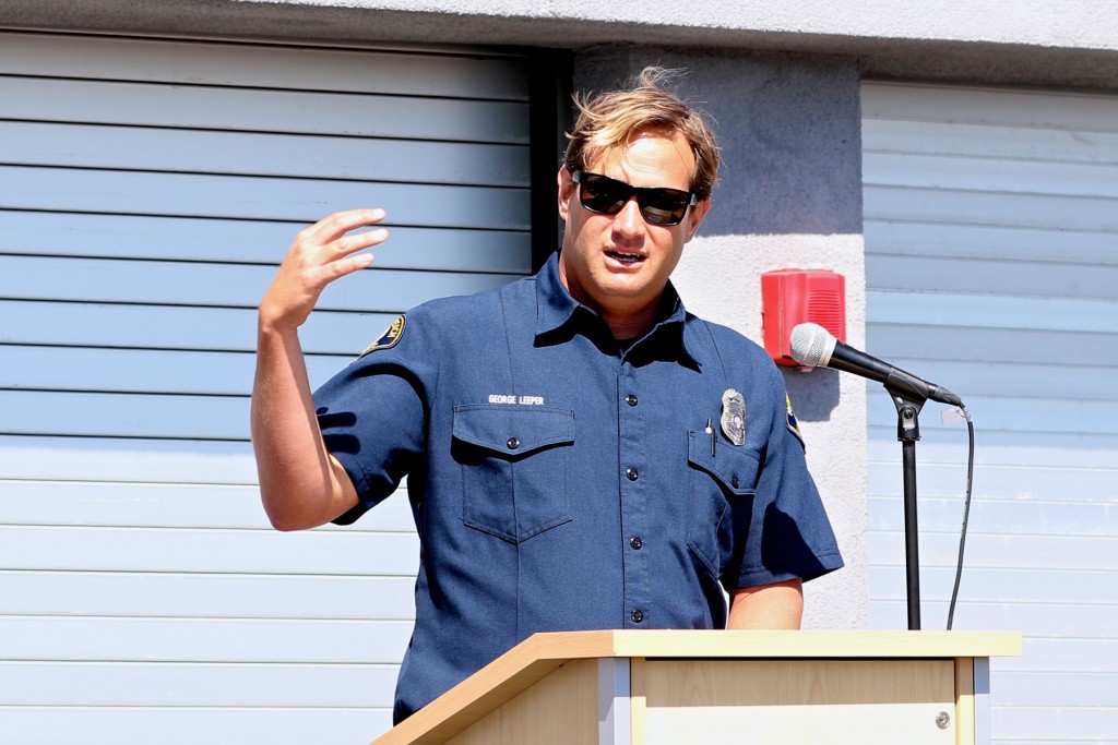 NBFD lifeguard George Leeper speaks at the dedication event. — NB Indy Photo ©