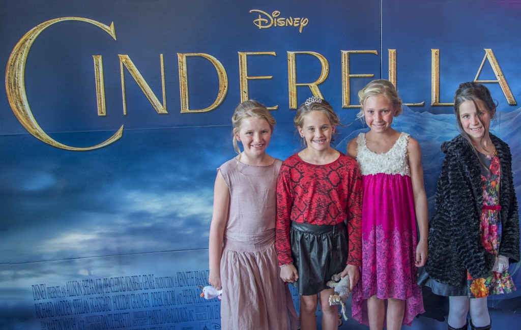 Katherine Peets, Chloe Davis, Milan Beverly, Aubrey Gibson at a special screening of the movie “Cinderella” at Big Newport 6 theater.  — Photo by Lawrence Sherwin ©