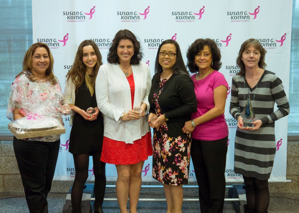 (left to right) Sylvia Contreras, Gigi Woodall (Newport Beach honoree), Angelique Fong, Teresa Blanco, Sol Reyes Roberts, Annette Kennedy. — Photo courtesy Susan G. Komen Orange County ©