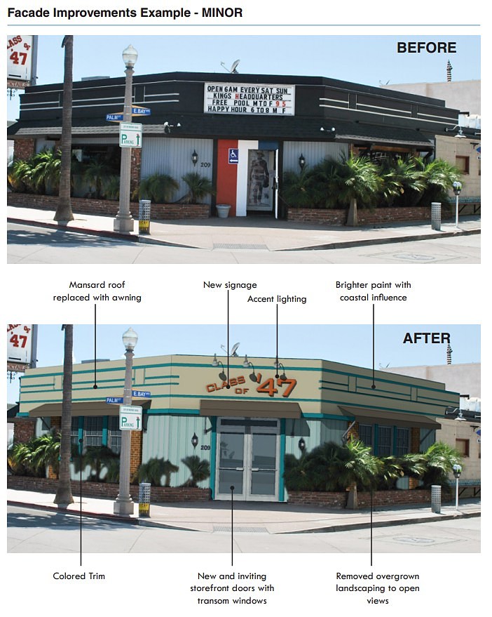 A conceptual rendering of what minor improvements might look like on a business under the Balboa Village Commercial Façade Improvement Program that the City Council moved forward on Tuesday. — Photo illustration courtesy the city of Newport Beach