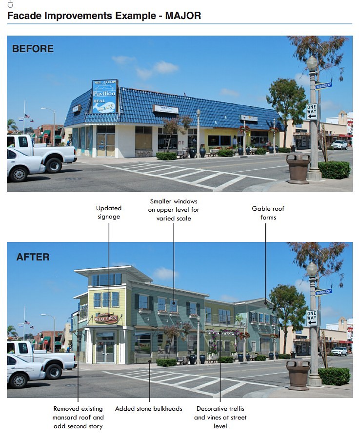 A conceptual rendering of what major improvements might look like on a business through the program. — Photo illustration courtesy the city of Newport Beach