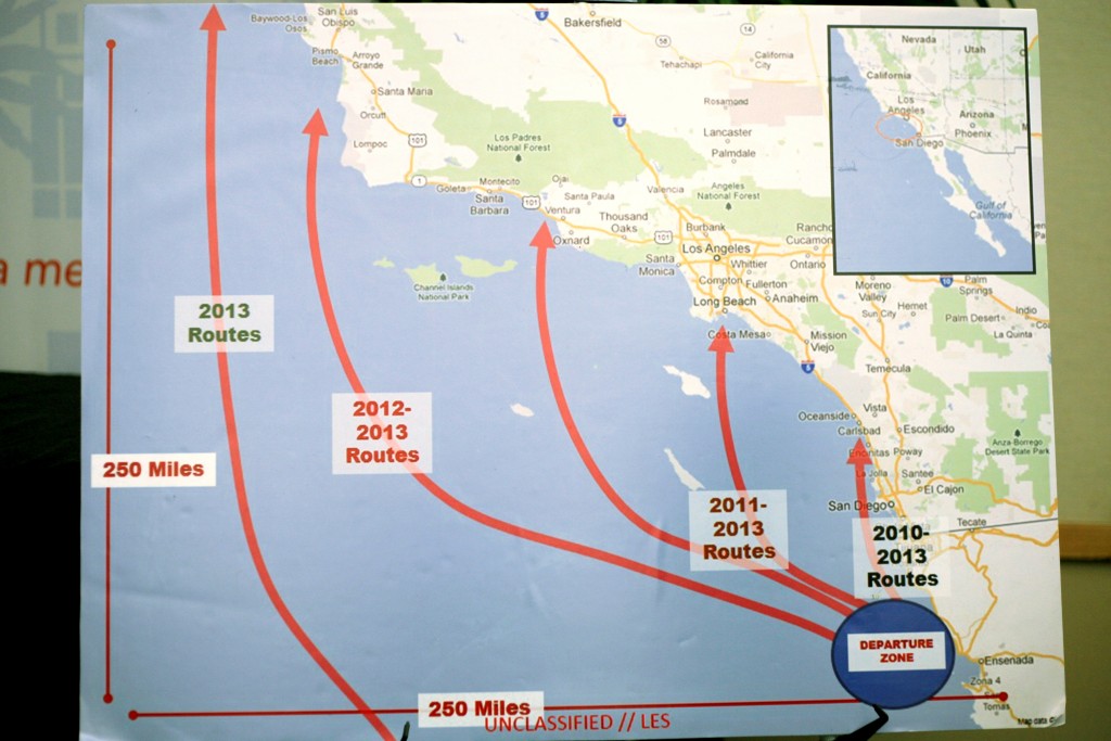 Officials displayed a map showing the routes smugglers have taken in recent years during the meeting. — Photo by Sara Hall ©