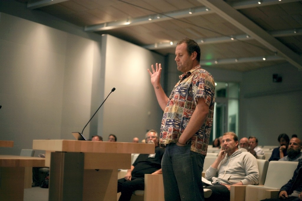 Longtime resident, former lifeguard, and body surfer Keith Head speaks at the Parks, Beaches and Recreation Commission meeting Tuesday about the Wedge, saying the current blackball system works for all.  — Photo by Sara Hall ©