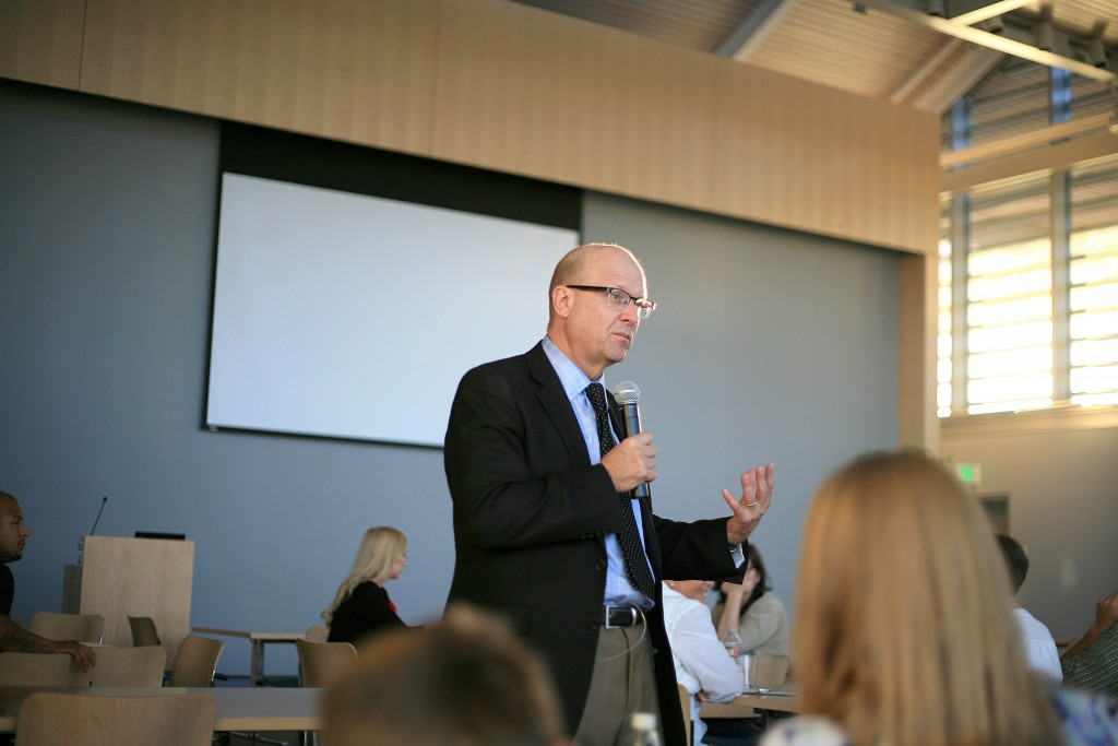 Stephen Camarata, Ph.D., talks about late-talking children during a free, public lecture held at the Newport Beach Civic Center community room on March 14.  — Photo by Sara Hall ©