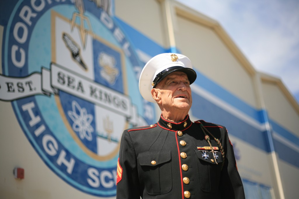 Marine Corps veteran Dick Meadows stands outside the Corona del Mar High School gym, where the Living History luncheon honoring veterans was held last week. — Photo by Sara Hall ©