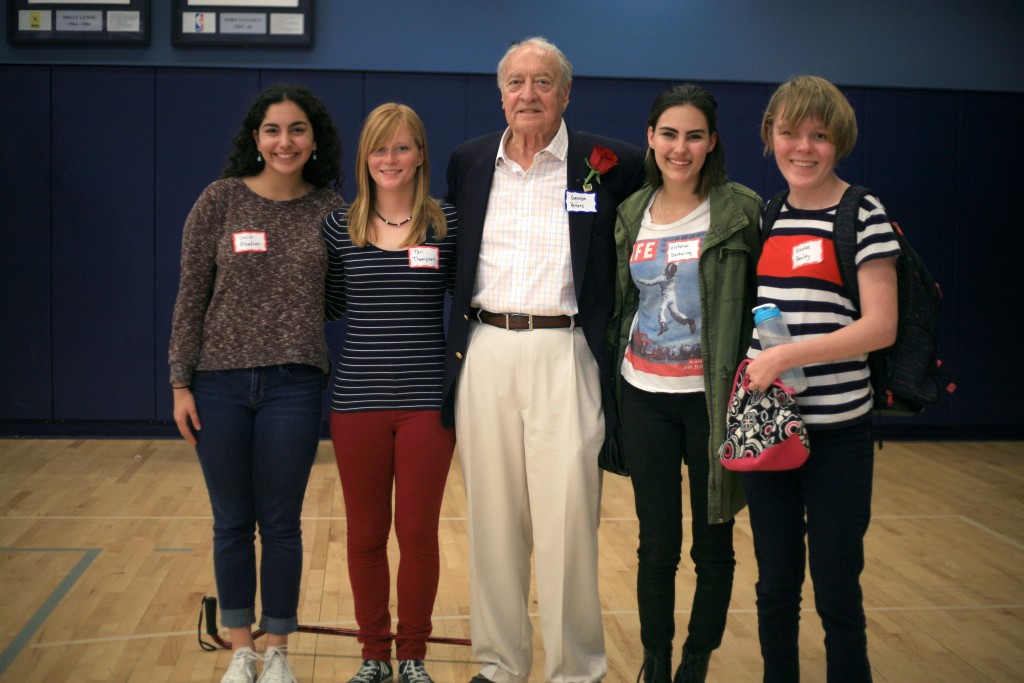 Korean War veteran George Peters with the CdM sophomores who interviewed him, (right to left) Shirin Assadian, Tori Thompson, Victoria Duehring, and Brooke Pauley. — Photo by Sara Hall ©