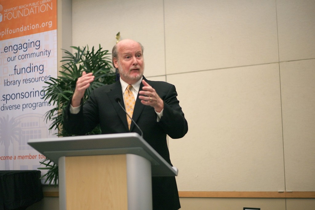 University of California, Irvine’s new Chancellor Howard Gillman speaks at the Newport Beach Chamber of Commerce’s monthly Wake Up! Newport meeting on Thursday. — Photo by Sara Hall ©