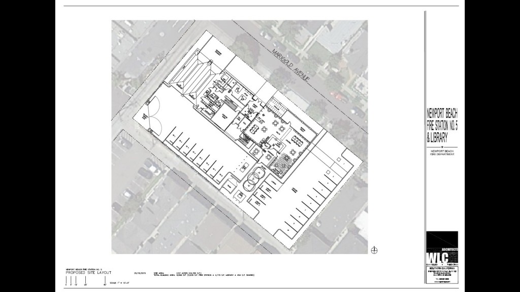 The latest architectural rendering of the site layout of the Corona del Mar library and fire station.  Click to enlarge — Rendering courtesy the city of Newport Beach ©