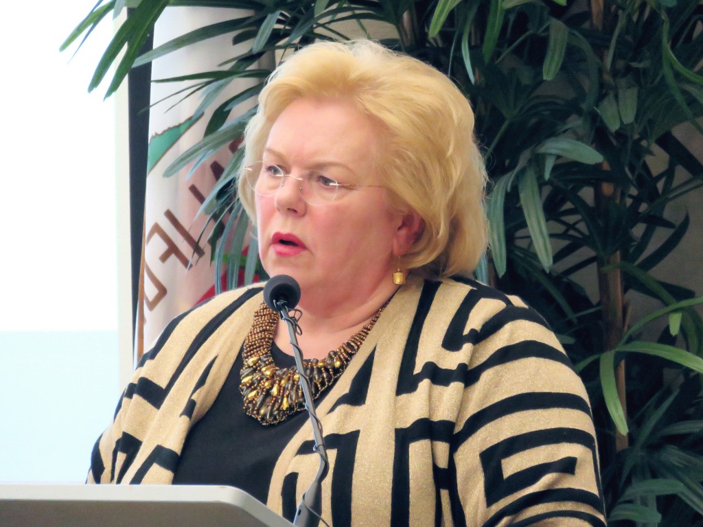 President and CEO of Orange County Business Council Lucy Dunn speaks at the Newport Beach Chamber of Commerce’s Wake Up! Newport meeting on Thursday at the library. — Photo by Sara Hall