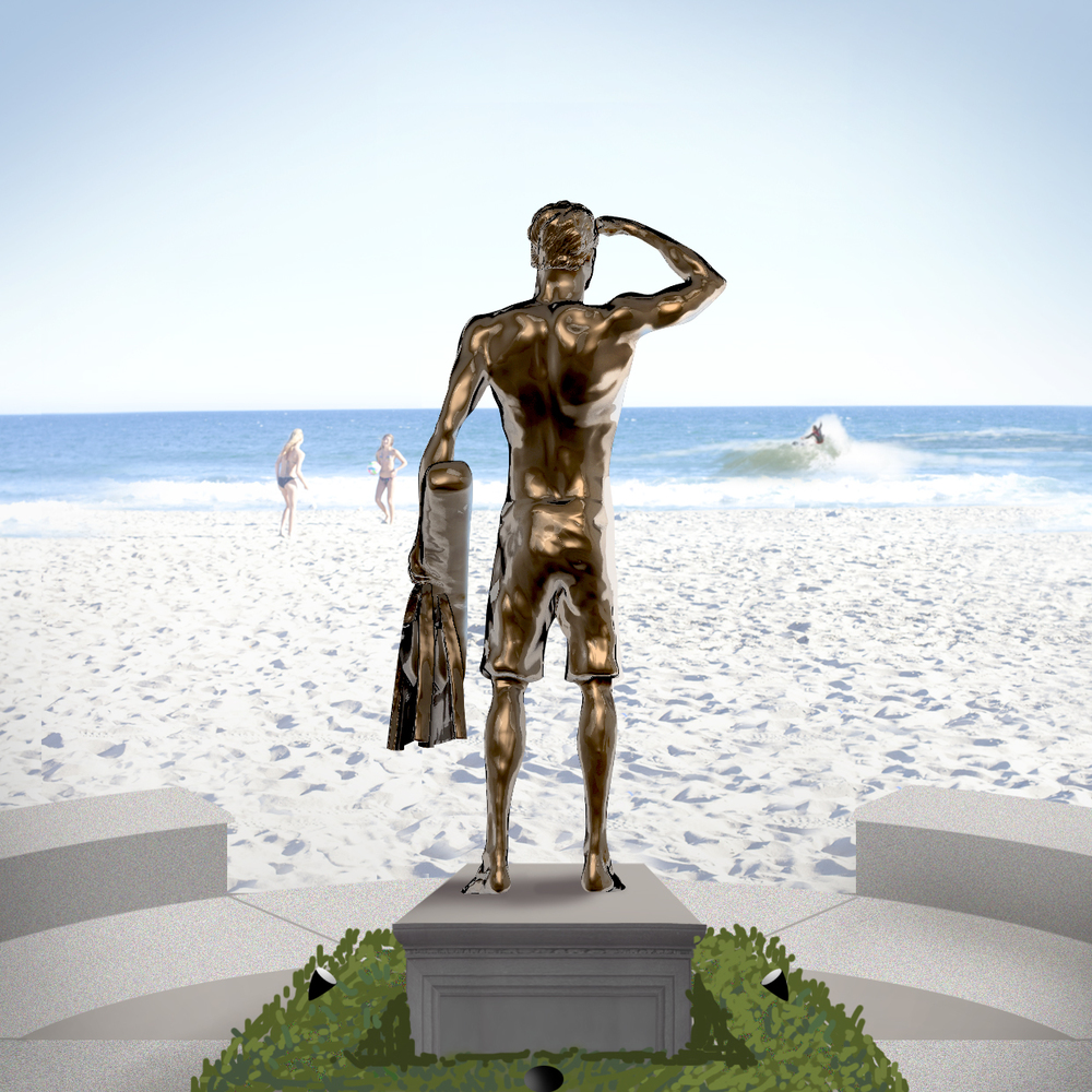 Rendering of the Ben Carlson statue to be placed in McFadden Square. — Artist rendering courtesy city of Newport Beach