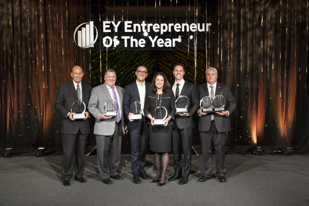 left to right: Vernon Underwood, Young’s Market Company;  Jeff Walker, Alliance Entertainment; Joe Duran, United Capital Financial Advisers; Kim Cripe, Children’s Hospital of Orange County; Andrew Peykoff II, Niagara Bottling; James Dunlop, Ambry Genetics. — Photo courtesy EY ©