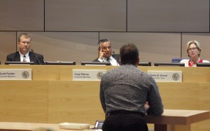 Councilman Scott Peotter, Councilman Tony Petros and Mayor Pro Tem Diane Dixon listen to comments from the public at this week's City Council meeting