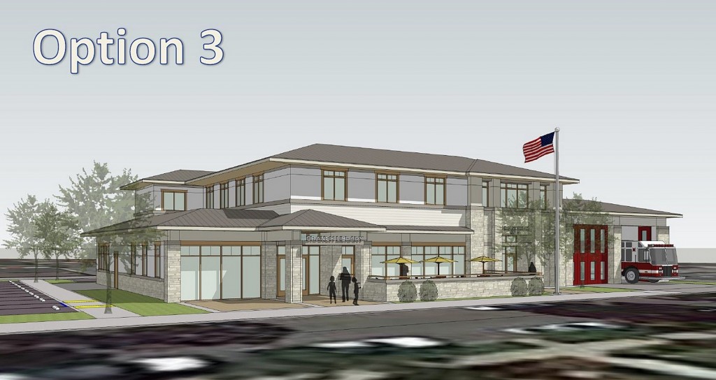 An artist’s rendering of the CdM ‘Fibrary’ aka fire station and library with the “prairie” architectural style of option three, the audience favorite at Monday’s community meeting. (Click to enlarge) — Photo courtesy the city of Newport Beach ©