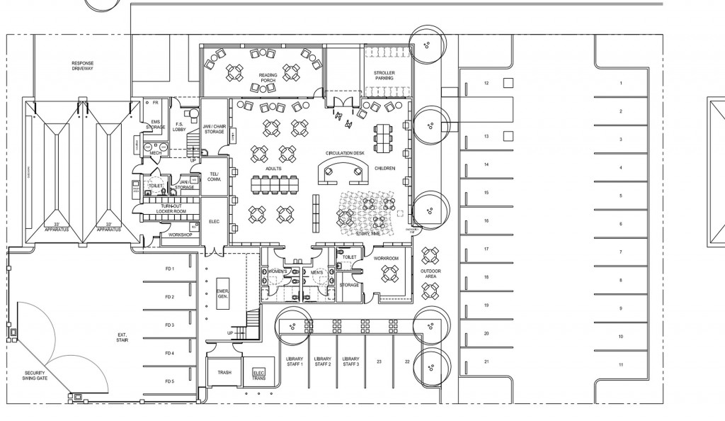 The city staff preferred floor plan (option D3) for the CdM fire station and library. (click to enlarge) — Photo courtesy the city of Newport Beach ©