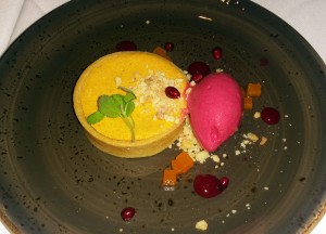 Butternut squash cheese cake with cranberry sorbet 