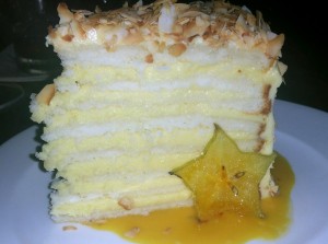 Coconut cake with layers of lemon frosting