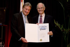 Mayor Ed Selich presents a special proclamation to Newport Beach Citizen of the Year Paul Watkins