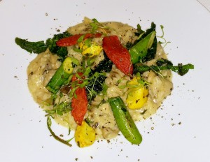 “You’re Getting to Be a Habit With Me” forest mushroom risotto with roasted broccoli rabe and oven dried tomatoes