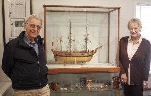 Model ship builder Henry Bikhazi with Balboa Island Museum president Shirley Pepys    