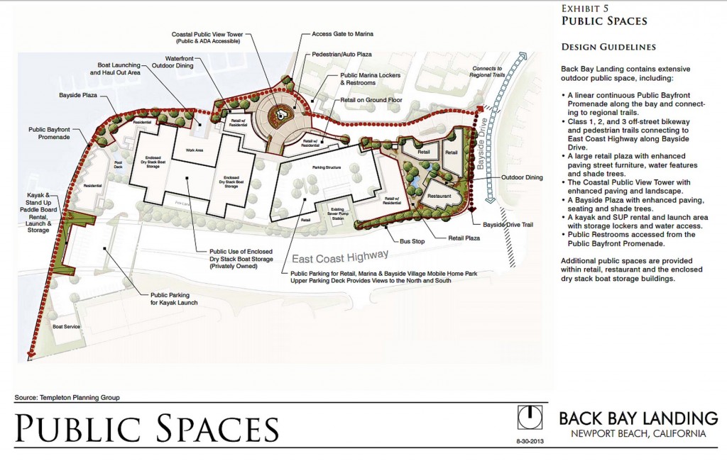 A draft map of the proposed Back Bay Landing public spaces, including the private walkway that will be converted into the public promenade. — Photo courtesy the city of Newport Beach ©