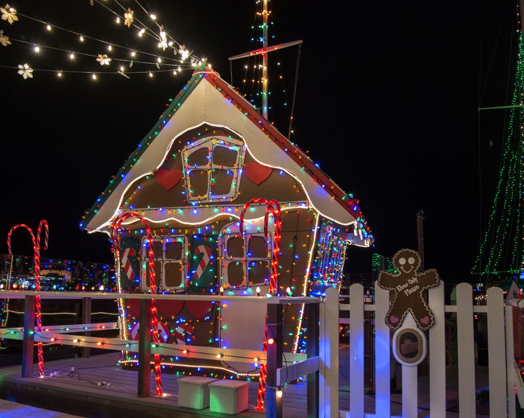 The life-size plywood gingerbread house on Vitarelli's dock. — Photo by Charles Weinberg ©