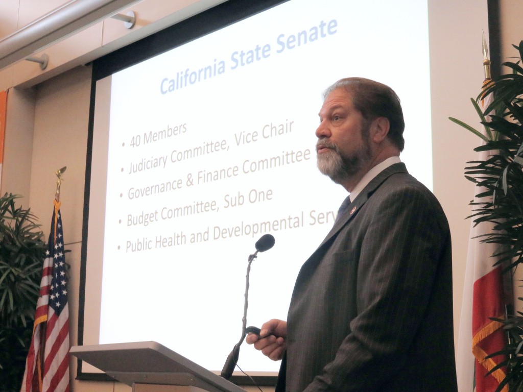 Former Orange County Supervisor and current Senator John Moorlach speaks at the Newport Beach Chamber of Commerce’s monthly Wake Up! Newport meeting on Dec. 3. — Photo by Sara Hall ©