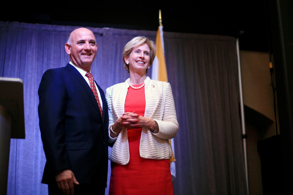 New Mayor Diane Dixon and Newport Beach Chamber of Commerce President Steve Rosansky pose for photos during the chamber’s Mayor Reception on Tuesday night. — Photo by Sara Hall ©