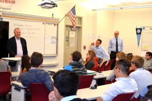 Rep. Dana Rohrabacher, left, gives Laguna Beach High School students studying government an insider’s view in June, joined by teacher Mark Alvarez and Principal Chris Herzfeld