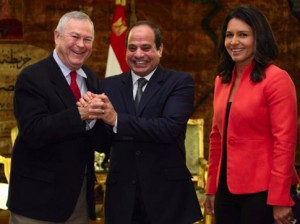 Rep. Dana Rohrabacher and Rep. Tulsi Gabbard, D-Hawaii, right, in November meet with Egypt’s President al-Sisi in Cairo to strengthen an alliance against Islamic terrorists.