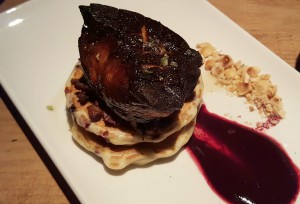 Foie gras and blueberry pancakes