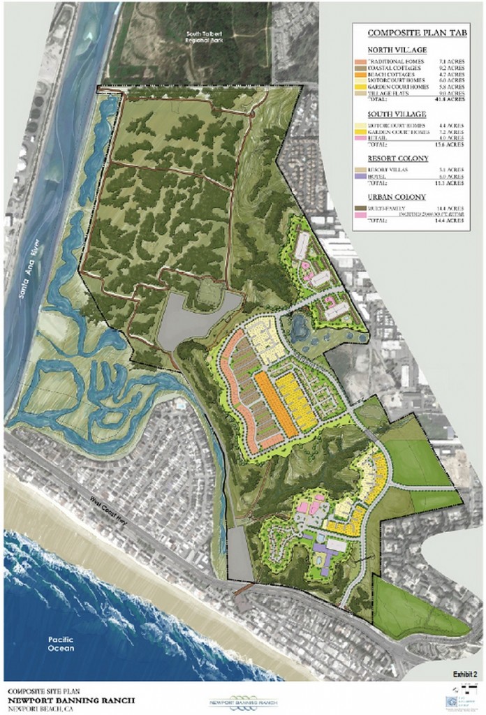 A composite site plan shows the controversial Banning Ranch development, which was presented to the California Coastal Commission on Oct. 7. Commissioners unanimously voted to postpone their decision and hear the project again in 90 days. — Photo courtesy the California Coastal Commission©