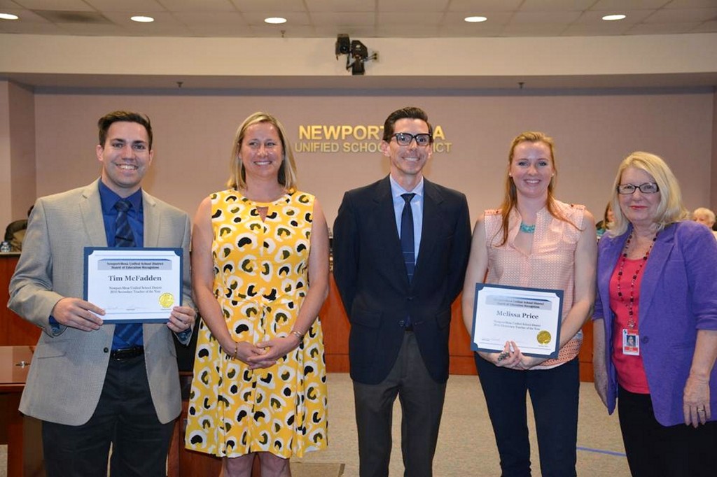 (left to right) Secondary Teacher of the Year Tim McFadden, TeWinkle Intermediate Principal Kira Hurst, Adams Elementary Principal Gabe Del Real, Elementary Teacher of the Year Melissa Price, and N-MUSD Board of Education Clerk Vicki Snell. — Photo courtesy NMUSD ©