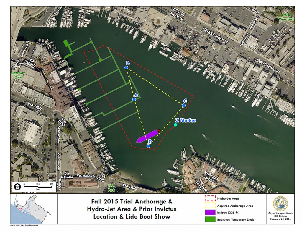 A map shows the outline of the trial anchorage area previously approved by City Council along with the hydro-jet area, prior Invictus location, and Lido Boat Show area. — Photo courtesy city of Newport Beach ©