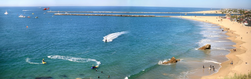 Land, sea, and air-based rescue operations are in full swing for the multi-agency, full-scale maritime disaster exercise at Corona del Mar State Beach on Wednesday. (click to enlarge) —Photo composite by Sara Hall ©