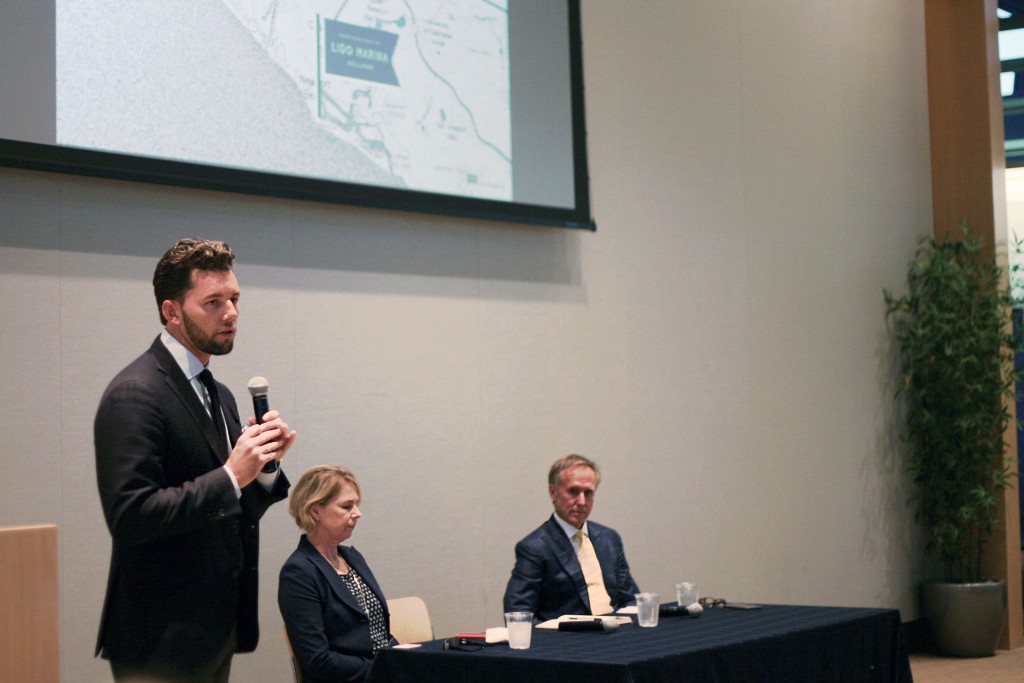 Stenn Parton of DJM Development speaks about Lido Marina Village as Newport Beach Community Development Director Kim Brandt and Robert Olson of R.D. Olson Development and Lido House Hotel watch in the background during Speak Up Newport’s monthly meeting. — Photo by Sara Hall ©