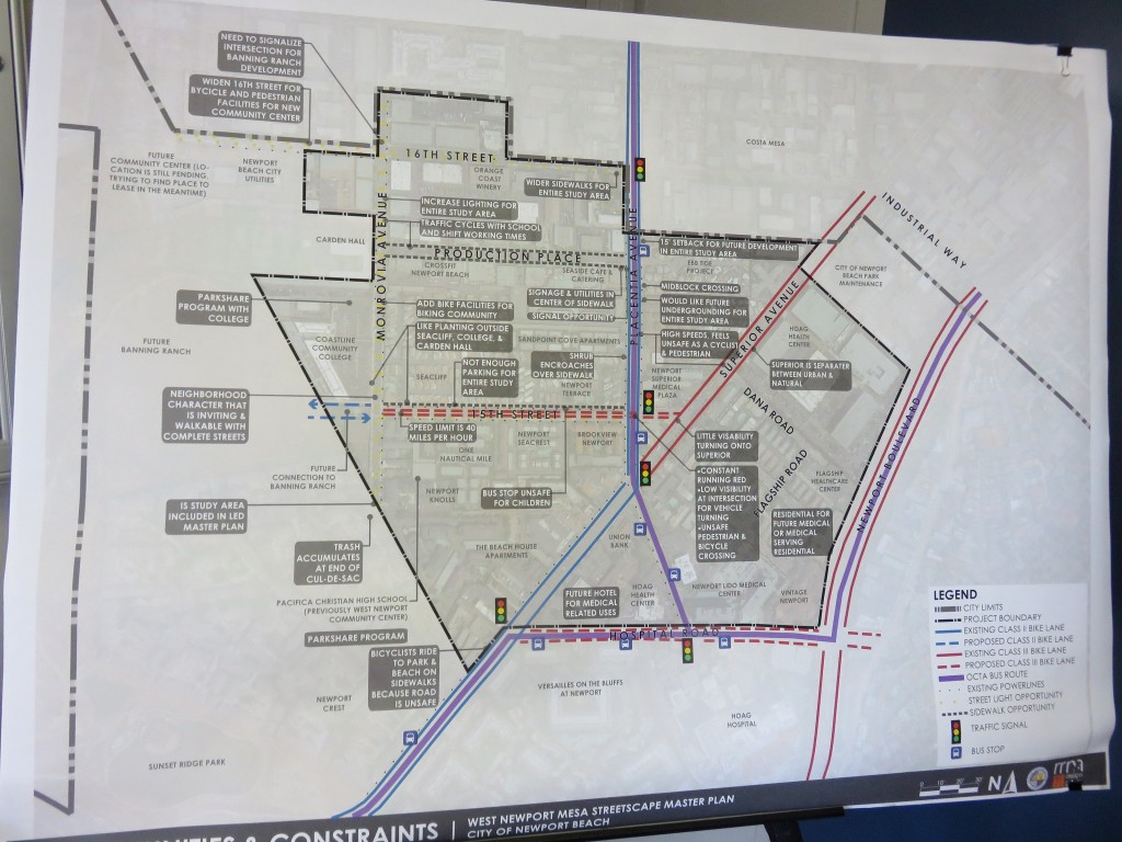 Concerns are mapped out in a diagram displayed Wednesday at the meeting for the West Newport Mesa Streetscape Master Plan. — Photo by Sara Hall ©