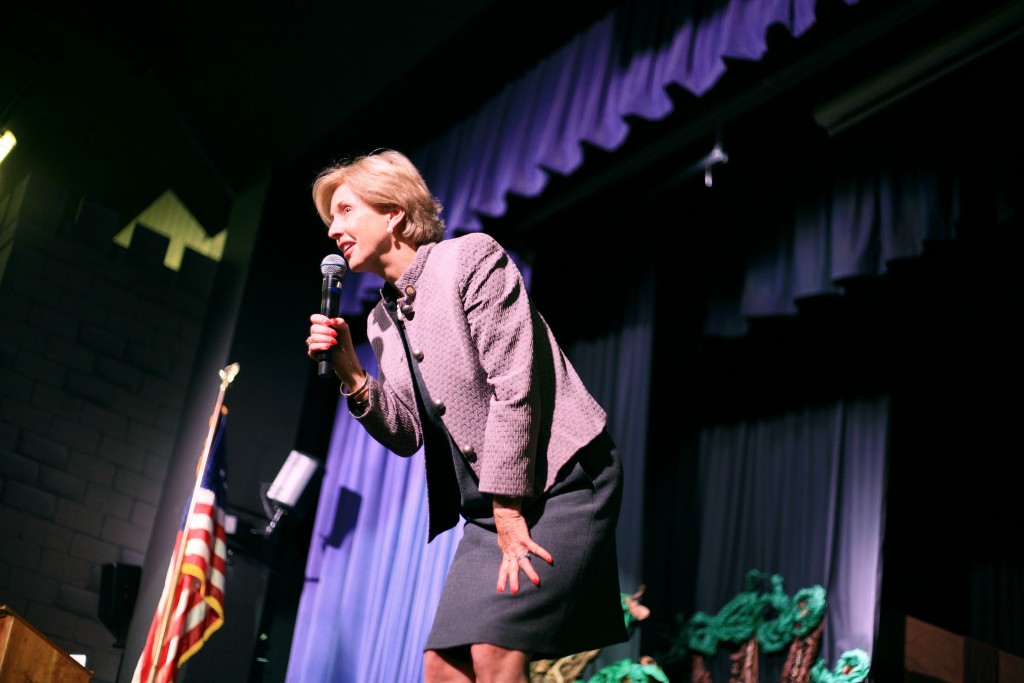 Newport Beach Mayor Diane Dixon talks and interacts with the crowd of students at Harbor Day School during the Phenomenal Women in History event on Wednesday. — Photo by Sara Hall ©