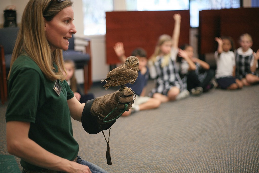 Inside the Outdoors Program Naturalist Hailey Quirk talks to first graders at Harbor Day School during the Traveling Scientist program on Friday about birds of prey, including Spartacus, a rescued burrowing owl who lost his eye. — Photos by Sara Hall ©