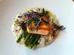 “Tomorrow is a Latter Day” wild isle salmon with forest mushroom risotto, asparagus and chives