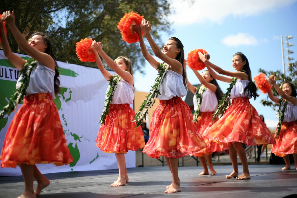 Dancers from Halau Hula Lani Ola perform during the 15th Annual Sage Hill Multicultural Fair on Saturday. — Photo by Sara Hall ©