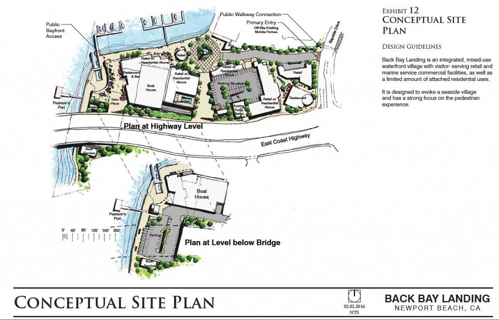 An artist rendering of the revised conceptual plan for the proposed Back Bay Landing project. — Illustration courtesy the city of Newport Beach ©