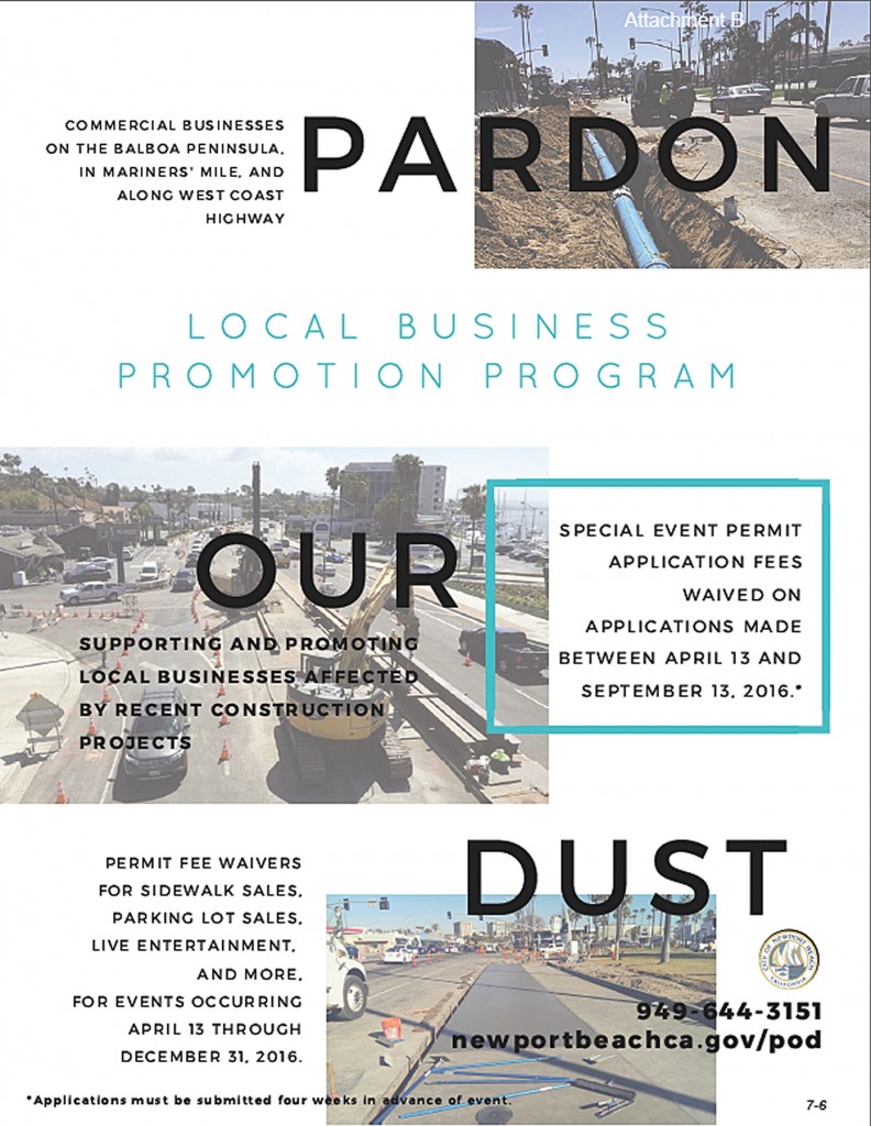 The city’s “Pardon Our Dust” program poster. — Illustration courtesy city of Newport Beach ©