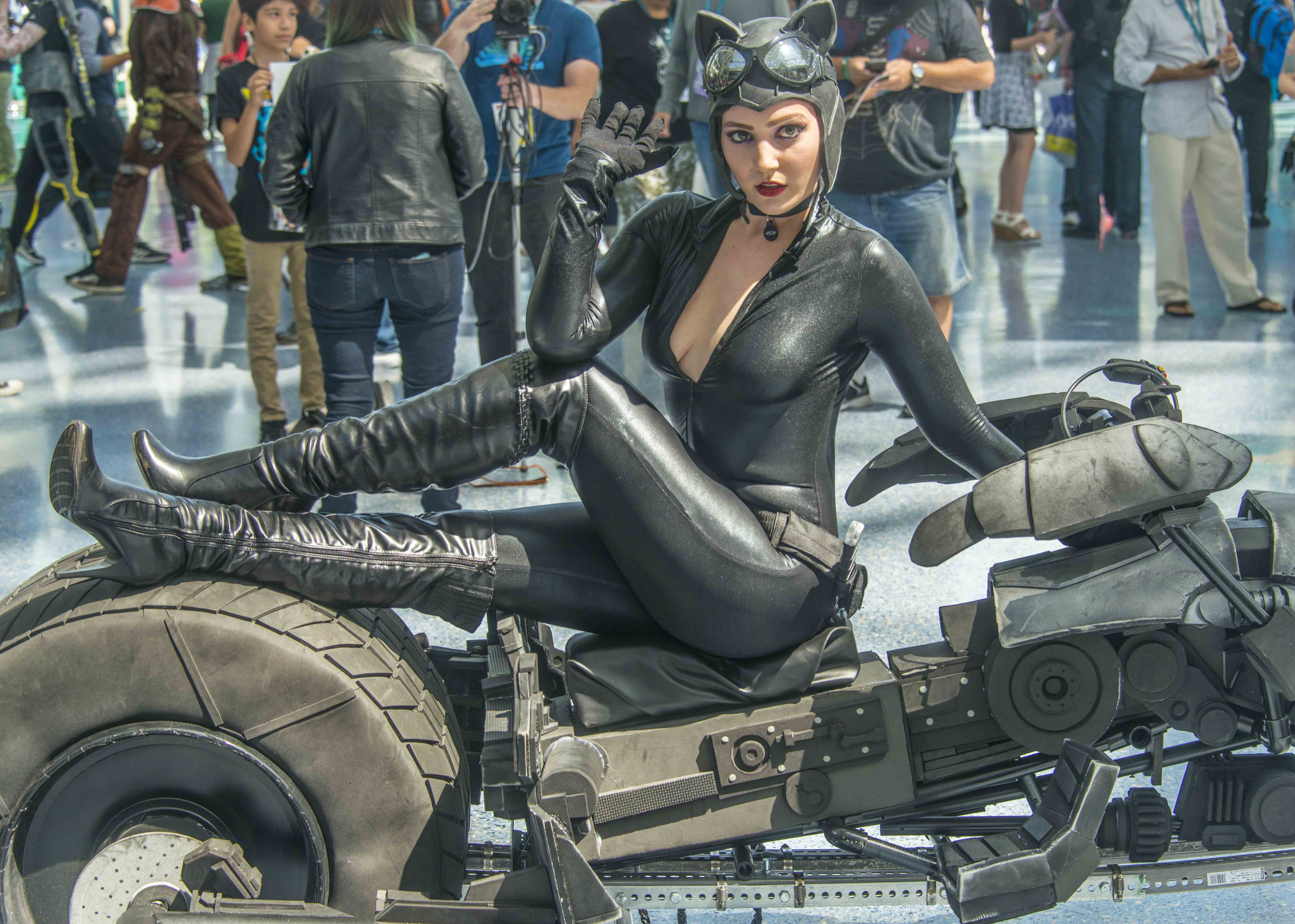 Catwoman astride batman's motorcycle. — Photo by Lawrence Sherwin ©