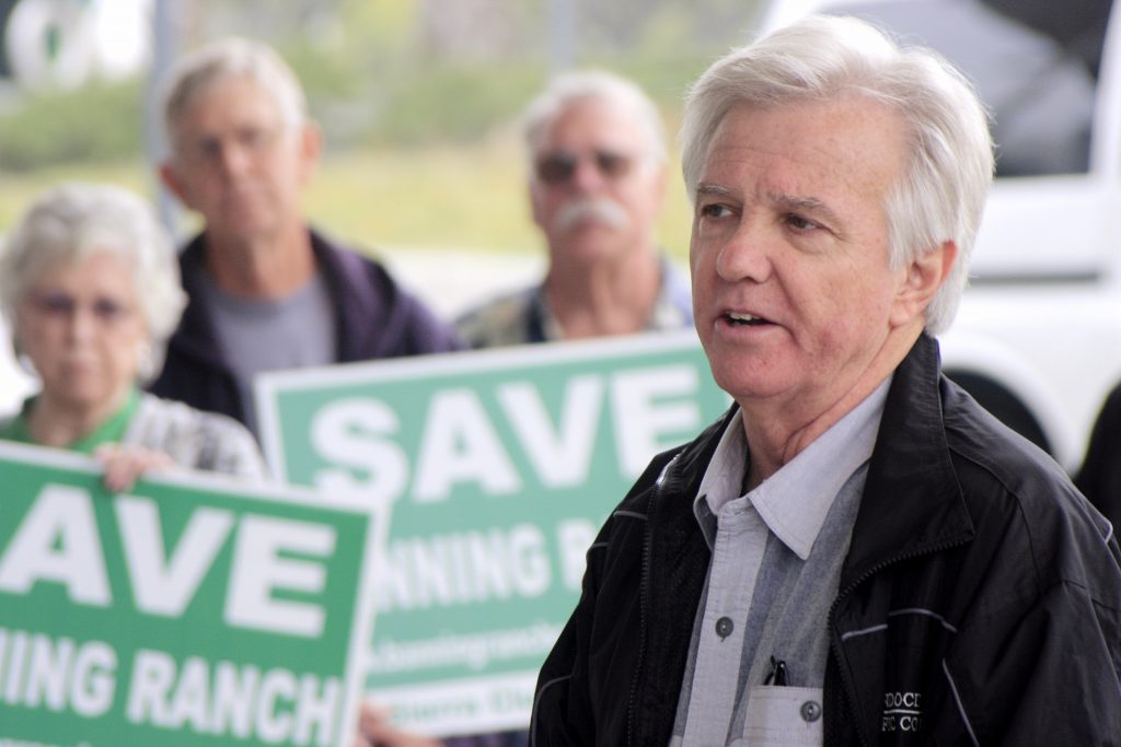 Steve Ray, Executive Director of the Banning Ranch Conservancy, the lead group opposing the project, speaks to a crowd at the NB civic center on Thursday morning before the CCC meeting. — Photo by Sara Hall ©