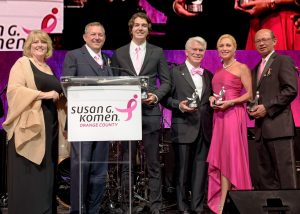 Susan G. Komen Orange County Board President Gretchen Valentine with 2016 Pink Tie Ball co-chairs Harald Herrmann, Austin Herrmann, Denis Kalscheur, Julie Ann Ulcickas, and Khanh T. Tran