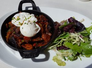 Zinfandel braised beef short rib hash & fried eggs with duck fat-roasted fingerling potatoes 