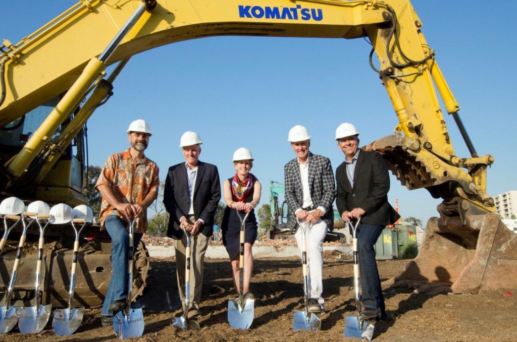 Officials break ground on Lido House Hotel on the Balboa Peninsula last week, (left to right) Martin Deidrich, Founder of Kean Coffee; Ian Gardiner, Executive Vice President of R.D. Olson Construction; Diane Dixon, Mayor of Newport Beach; Bob Olson, President & CEO of R.D. Olson Development; and Greg Villegas, Associate Vice President of WATG. — Photo courtesy R.D. Olson Development ©