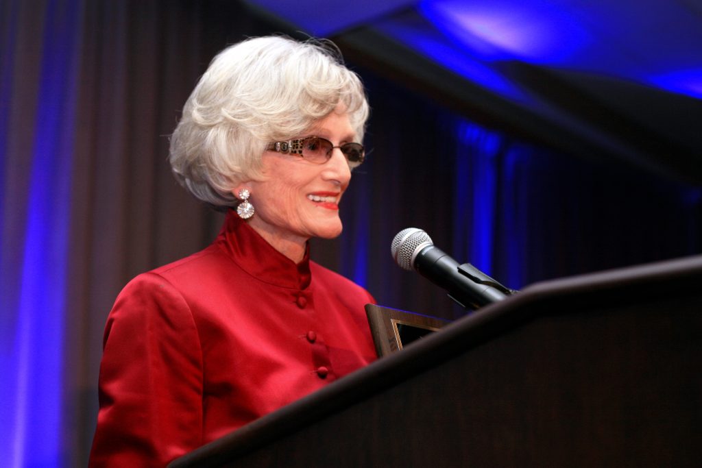 Marian Bergeson talks to the crowd after receiving the SUNshine Award at Speak Up Newport’s 33rd Mayor’s Dinner in 2014. — Photo by Sara Hall ©